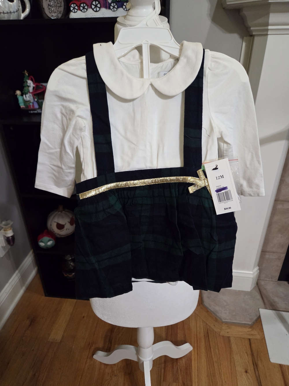 crown & ivy White Peter Pan Top with Green & Navy Plaid Suspender Skirt
